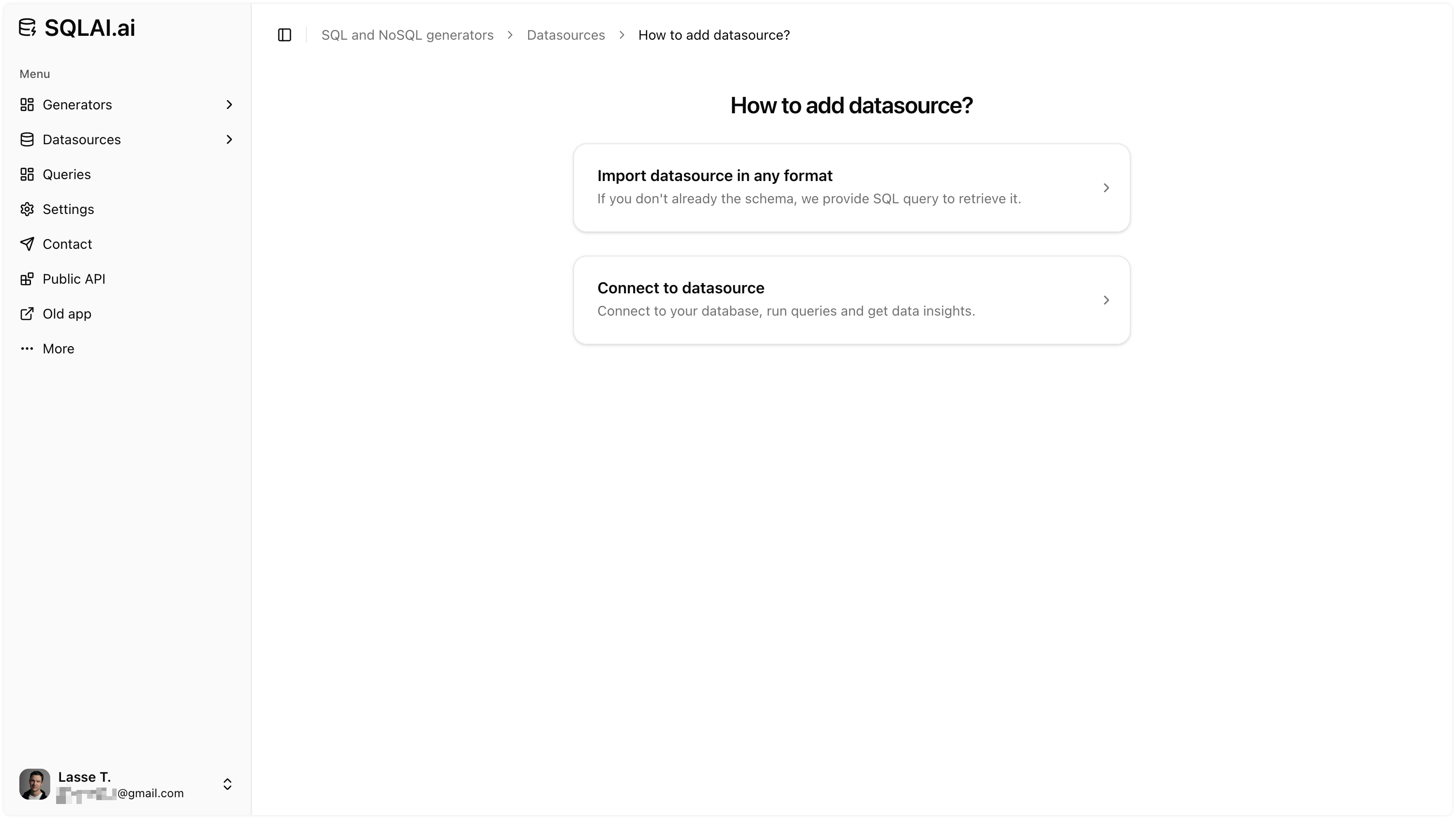 Add SQL datasource by importing a database schema in SQLAI.ai