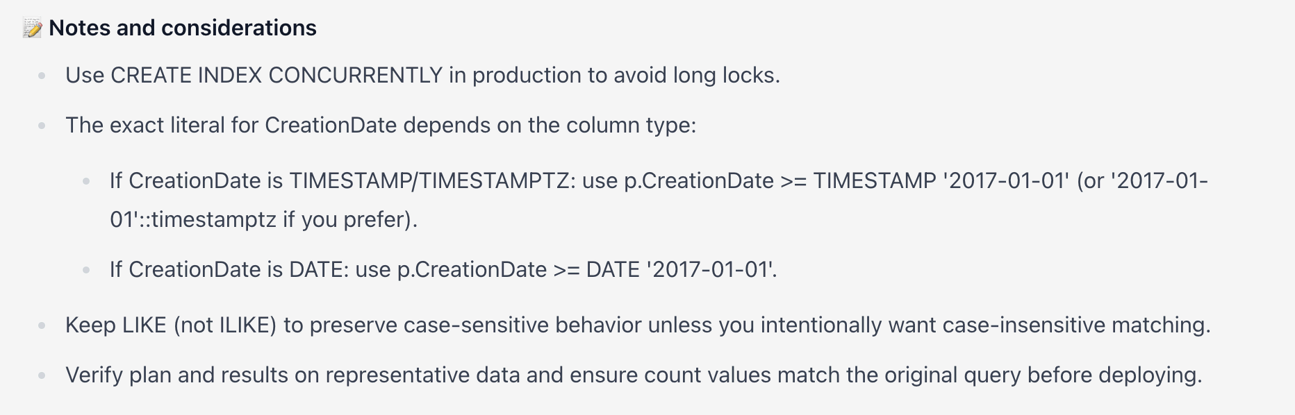 SQL optimization notes and considerations shown in SQLAI.ai editor