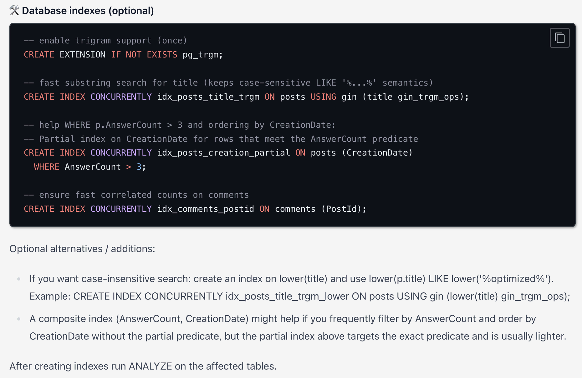 Database schema view supporting SQL index recommendations
