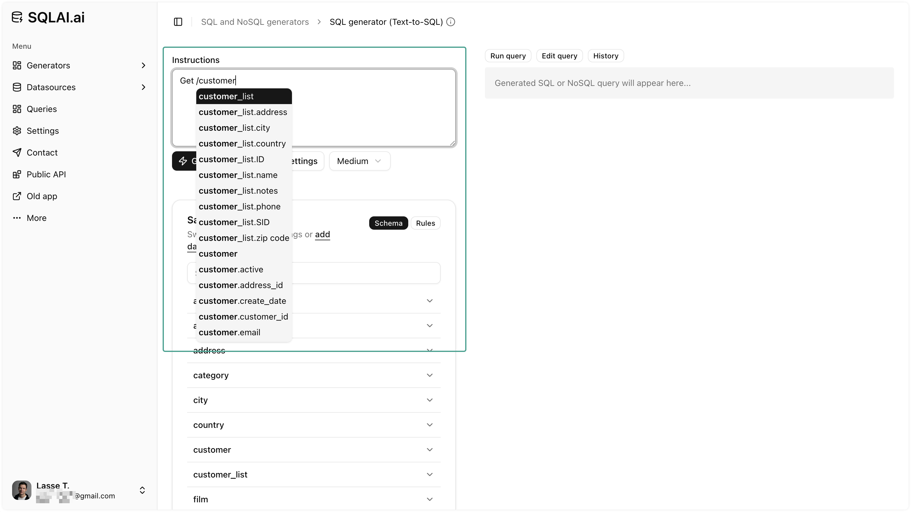 Datasource schema autosuggest for tables and columns in SQLAI.ai