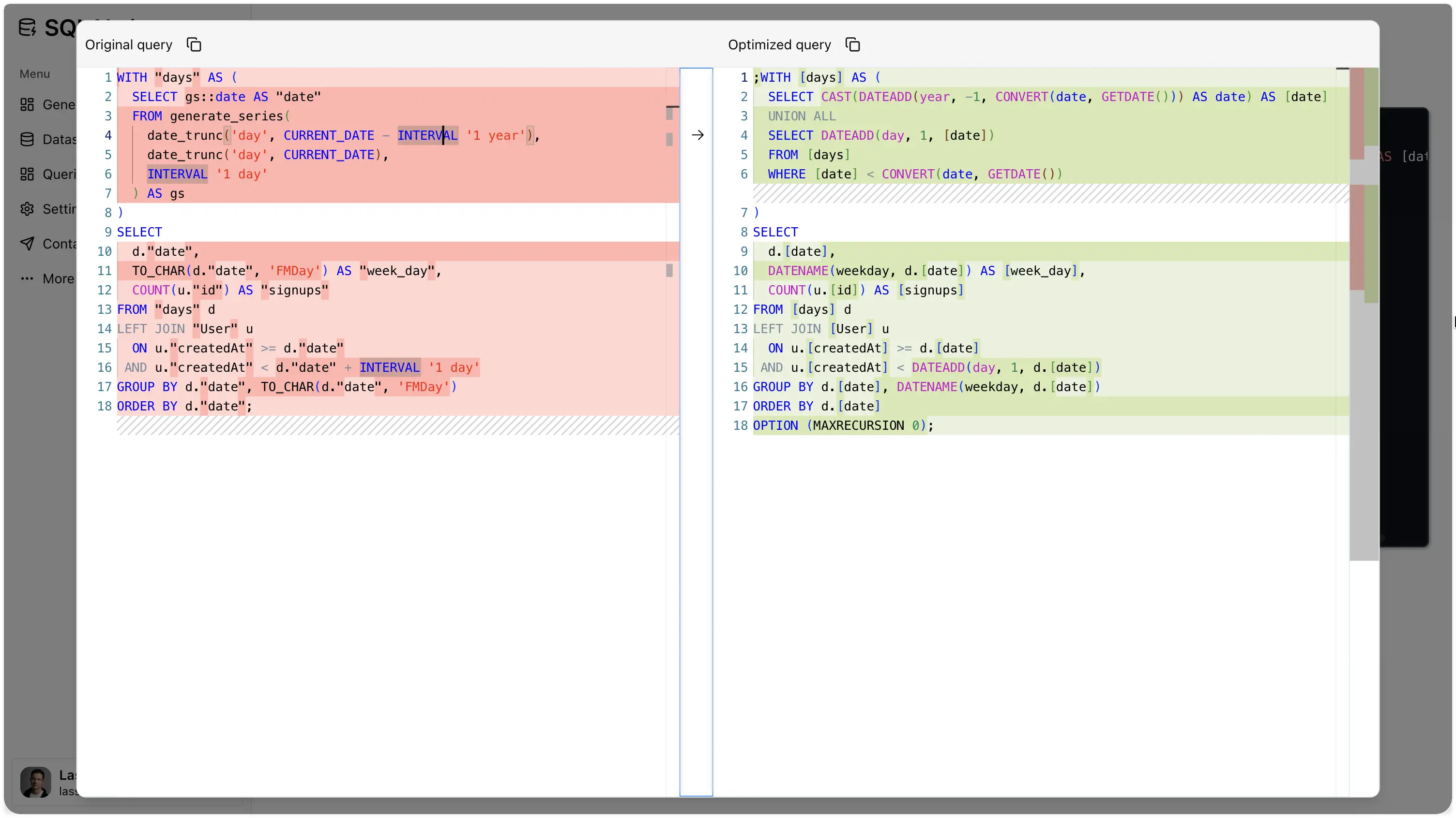 Side-by-side SQL diff comparing original query and converted SQL output