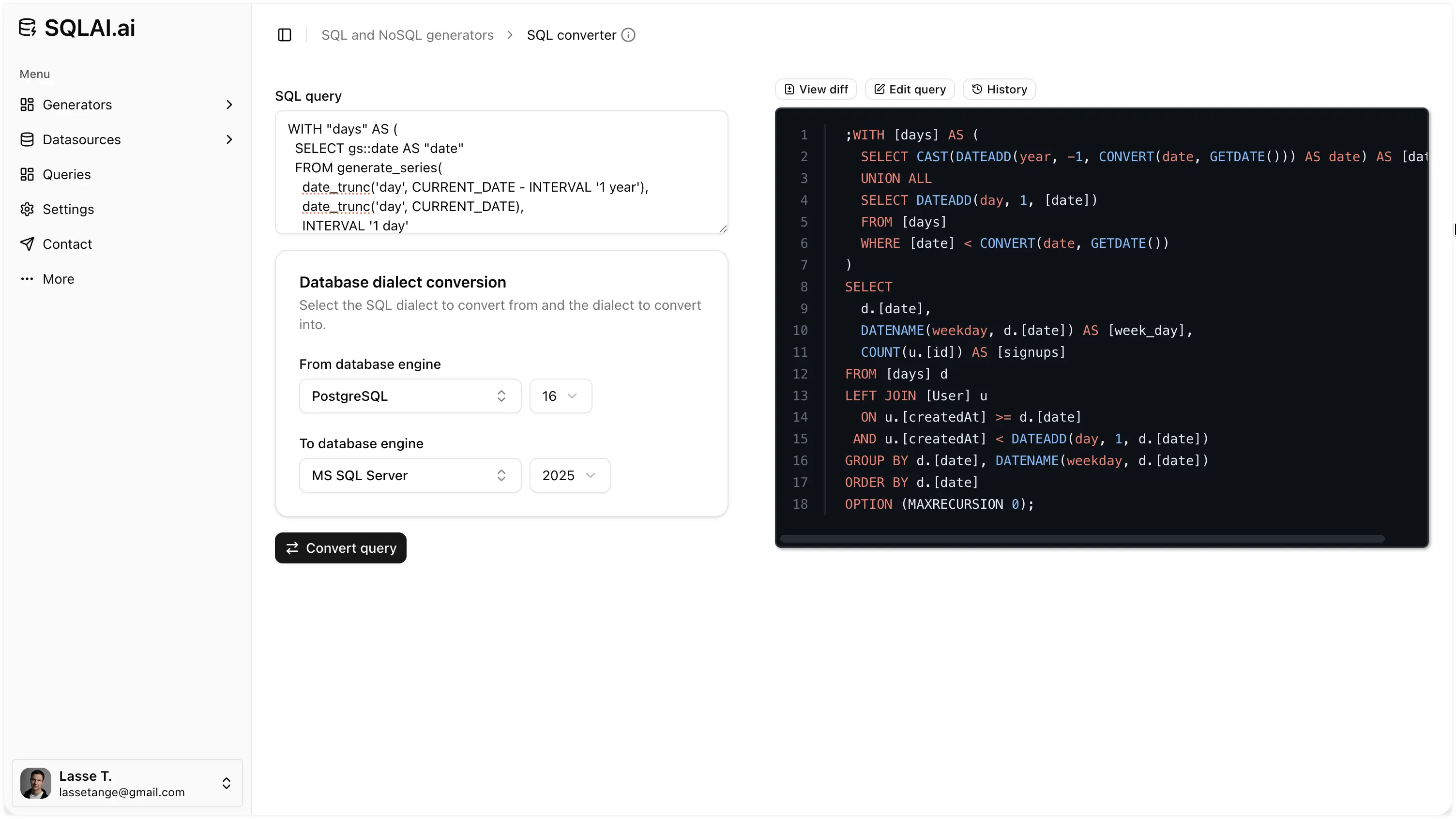 SQL converter translating a query between database dialects in SQLAI.ai
