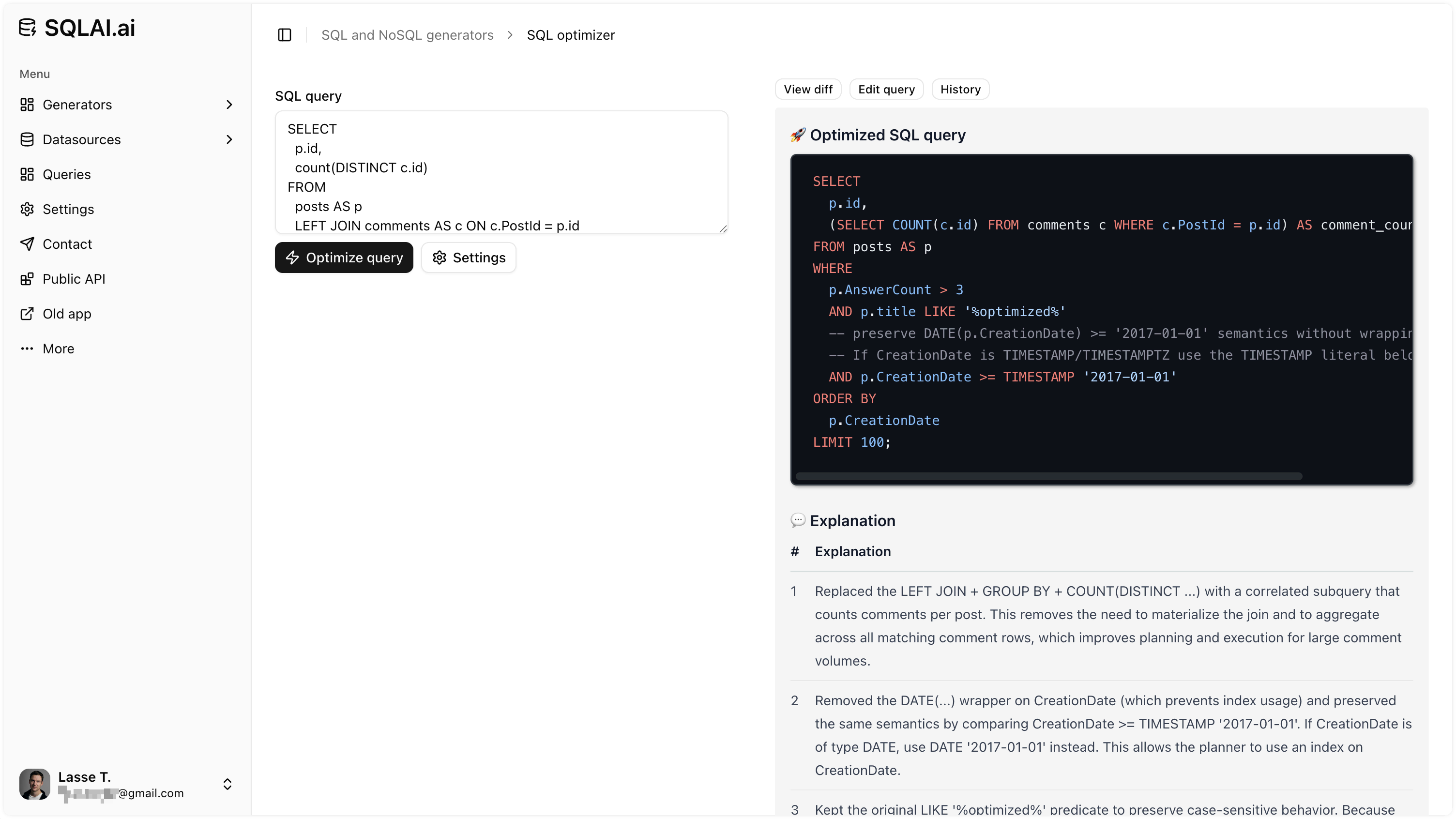 SQL query optimizer showing before and after query changes