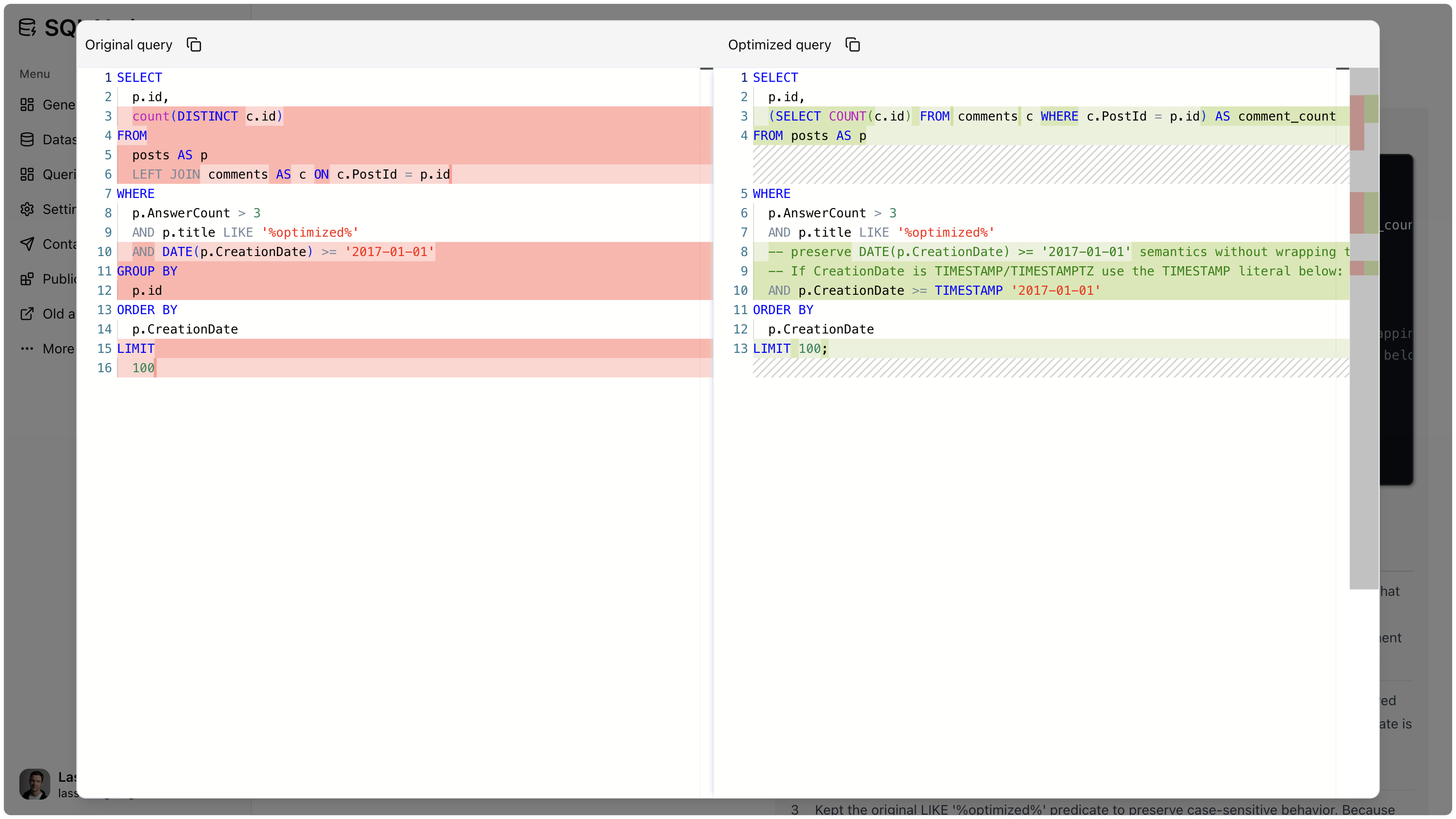 View SQL query diff between original and AI-improved query in SQLAI.ai